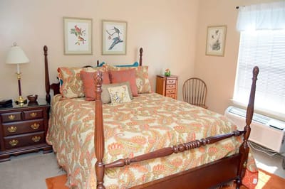 Brightly decorated private resident room with a bed
