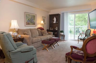 A cozy living room with a view of greenery outside