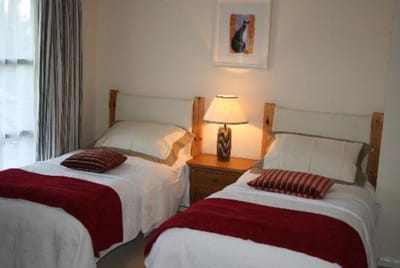 A cozy twin bedroom setup with bedside lamp