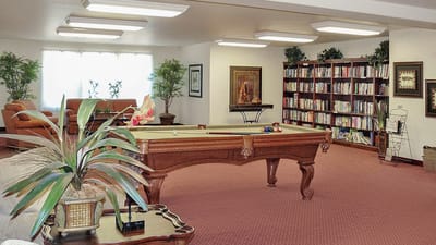 Common area with a pool table and bookshelves