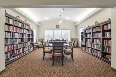 Bright library area with bookshelves and seating