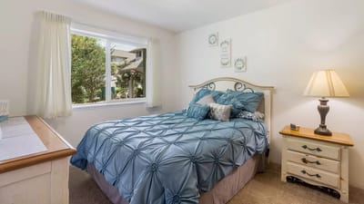 Brightly lit resident room with bed and window view