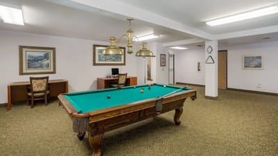 Interior game room with a billiards table