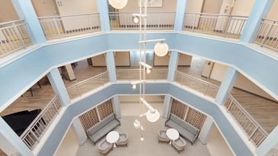 Interior view of a common area with seating