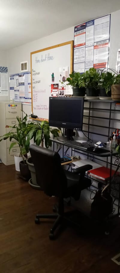 Interior office space with plants and desk