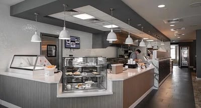 Interior of a dining area with food display