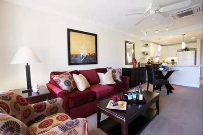 Well-furnished interior living area with kitchen in background