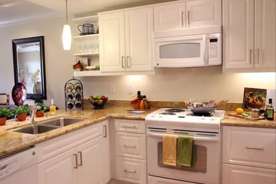Modern kitchen setup in a senior living facility.