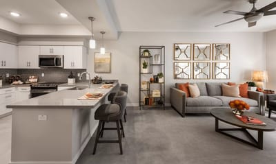 Modern living room with kitchen in an assisted living facility