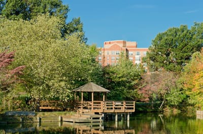 Scenic view of a gazebo by a pond with the facility in the background