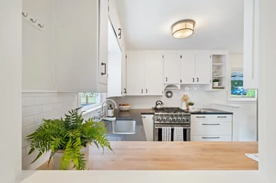 Bright, modern kitchen with white cabinets and greenery