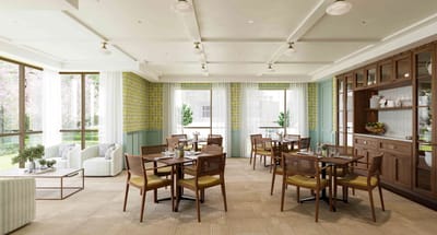 Bright dining room with tables and seating
