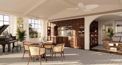 Bright, airy common area with seating and piano