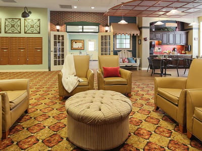 Common area with seating and mailboxes