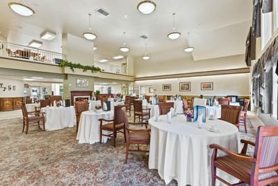 Dining area with neatly set tables and elegant decor