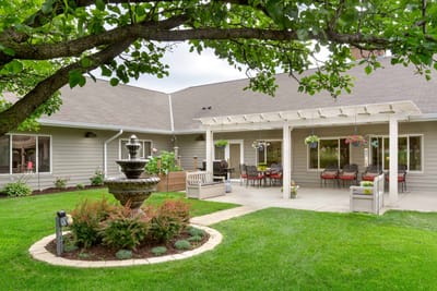 Outdoor courtyard with seating and fountain