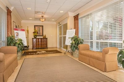 Interior view of the facility lobby with seating