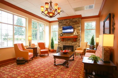 Cozy common area with comfortable seating and fireplace