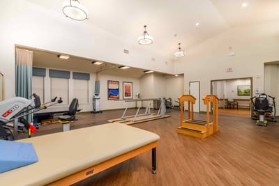 Interior view of a rehabilitation gym with exercise equipment