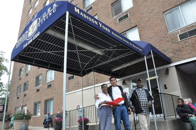 Residents and staff at the Madison York entrance