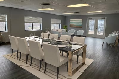 Elegant dining room setup in an assisted living facility