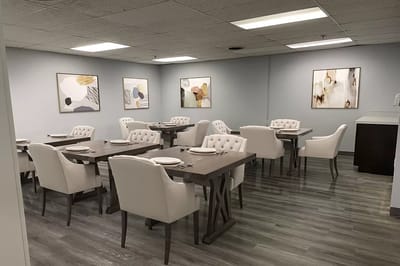Dining room with elegant seating and decor