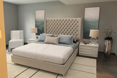 Brightly decorated resident bedroom with modern furnishings