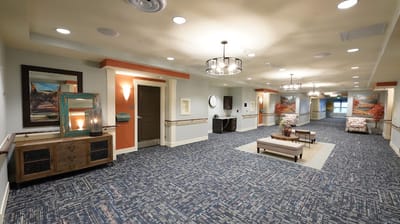 Bright and inviting common area with seating