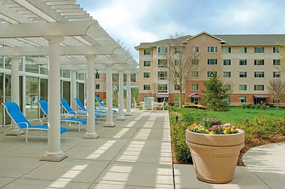 Outdoor lounge area with chairs and flowers