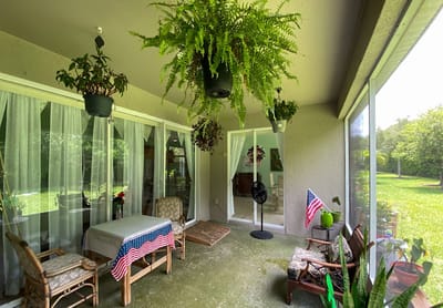 Charming outdoor patio space with plants and seating