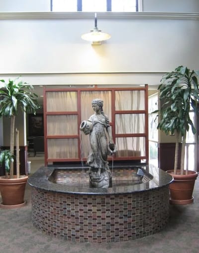 A tranquil indoor fountain with plants in the lobby