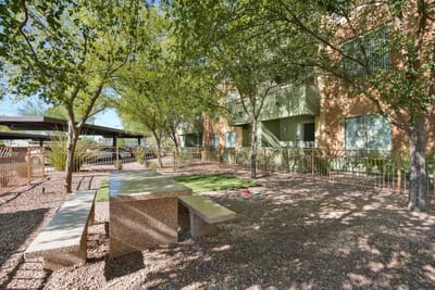 Outdoor seating area with greenery and building in background