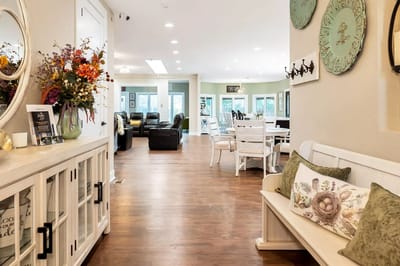Bright interior of a common area with seating.