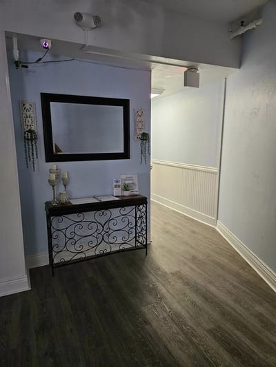Brightly lit hallway with decorative elements