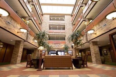 Bright interior view of a common area with seating