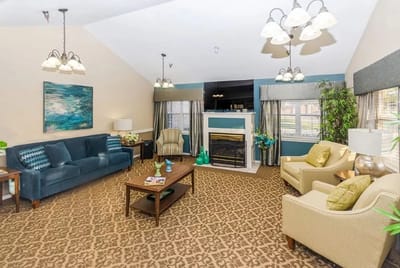 Cozy common area with seating and fireplace