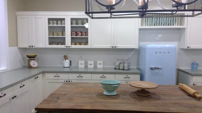 Bright kitchen with a vintage blue refrigerator
