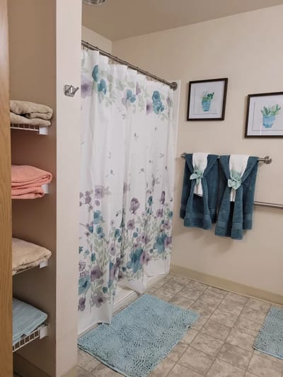 Clean, decorated bathroom with towels and shower