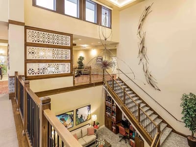 Bright interior common area with artistic décor and seating