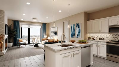 Modern kitchen and living area in a senior living facility