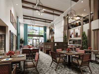 Bright dining area with modern decor and seating