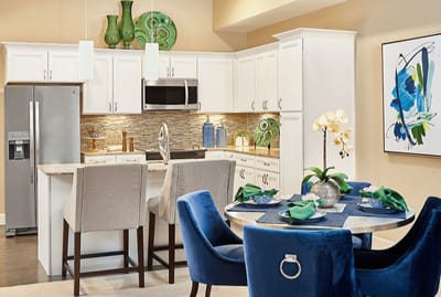 Stylish kitchen and dining area in a senior living facility
