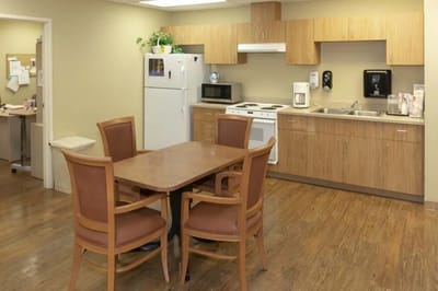 Interior kitchen space with dining area