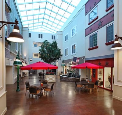 Bright atrium with seating and natural light