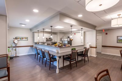 Bright interior common area with seating and decor