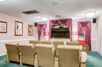 Interior view of a cozy movie room with seating