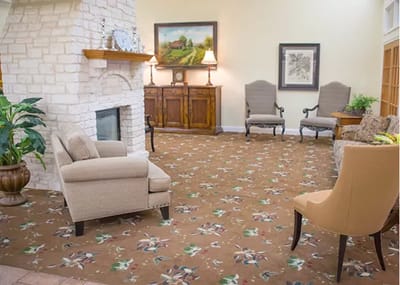 Cozy common area with seating and fireplace