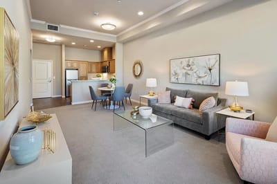 Well-furnished living room in a senior living facility
