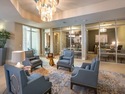 Bright common area with seating and decor