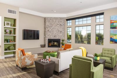 Interior common area with comfortable seating and fireplace